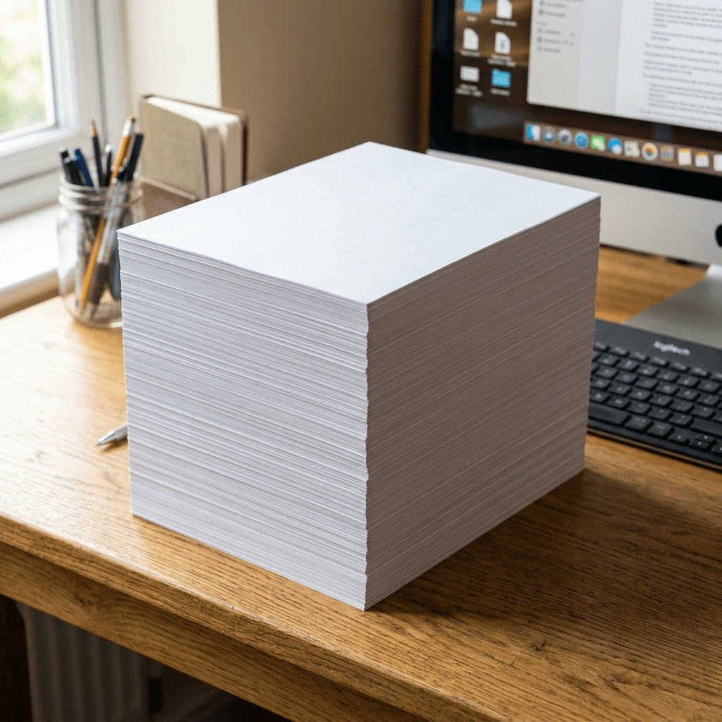 Stack of blank white printer paper on wooden desk